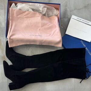 Stuart Weitzman Black Over-the-Knee Stretch Suede Boots - Pointed Toe